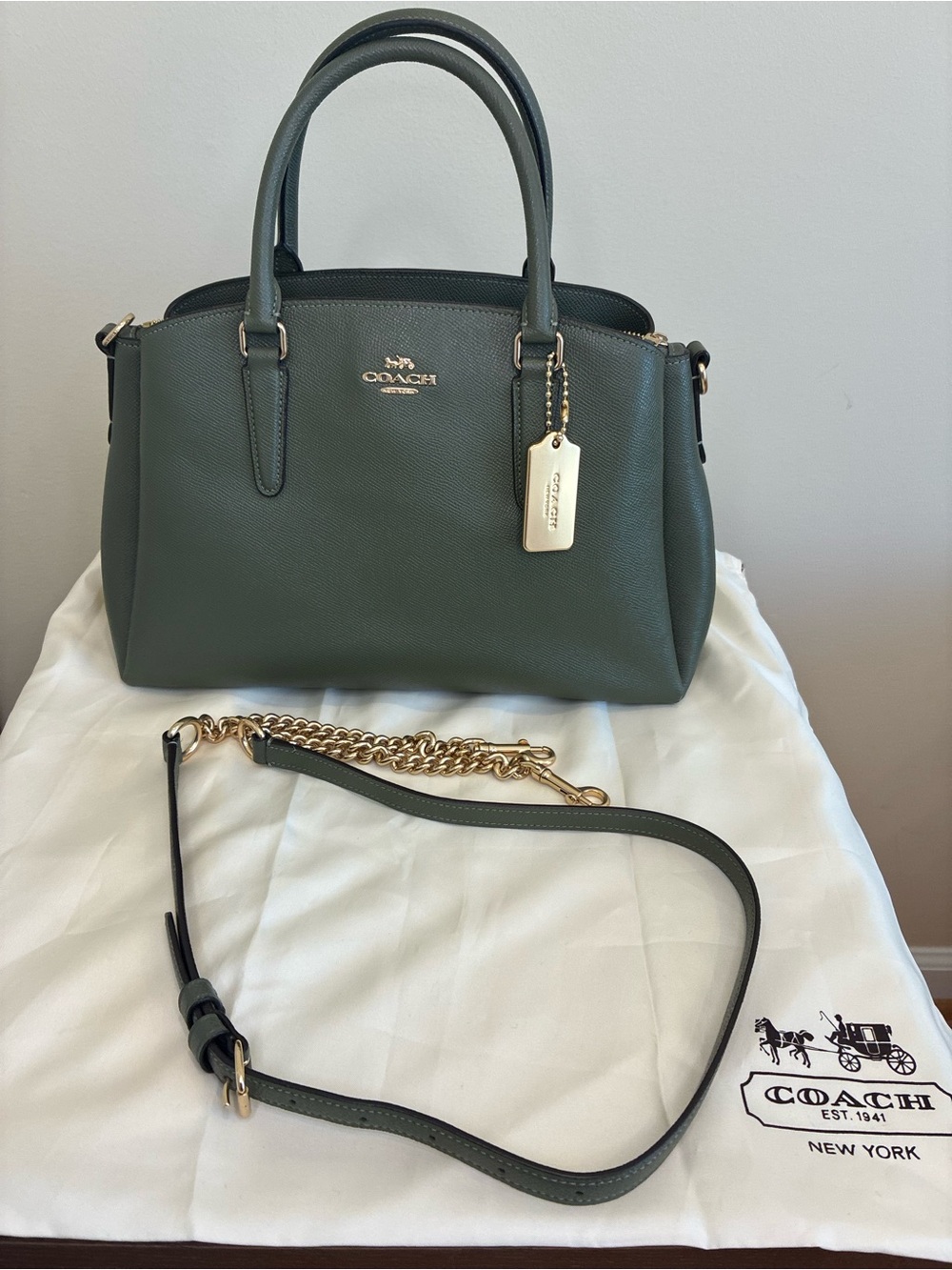 Coach Sage Green Olive Carryall Satchel in Military Green Crossgrain Leathe